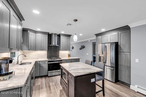 Interior, Kitchen, Pendant Lights, Recessed Lighting, Stainless Steel Appliances, Wood Texture Flooring