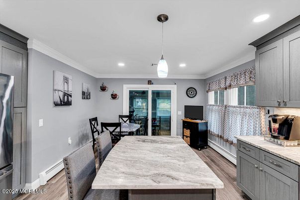 Dining room, Interior, Pendant Lights, Recessed Lighting, Wood Texture Flooring