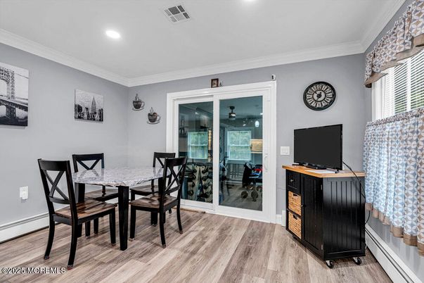 Dining room, Interior, Recessed Lighting, Wood Texture Flooring