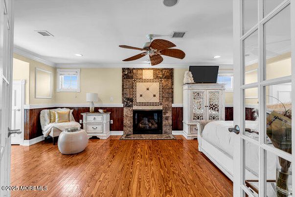 Fireplace, Interior, Recessed Lighting, Stone Walls, Wood Texture Flooring