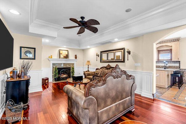 Fireplace, Interior, Living room, Recessed Lighting, Wood Texture Flooring