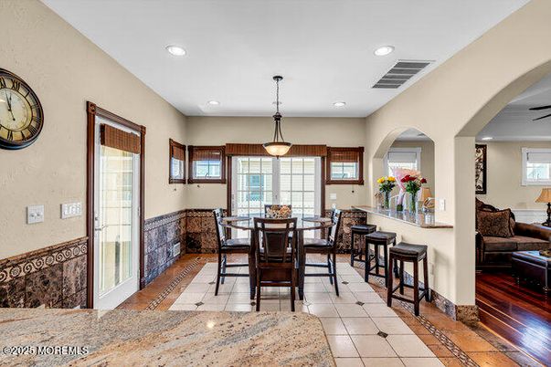 Dining room, Interior, Pendant Lights, Recessed Lighting, Wood Texture Flooring