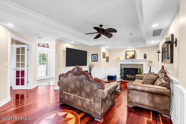 Fireplace, Interior, Living room, Recessed Lighting, Wood Texture Flooring