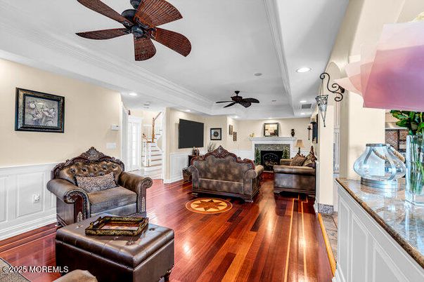 Fireplace, Interior, Living room, Recessed Lighting, Wood Texture Flooring