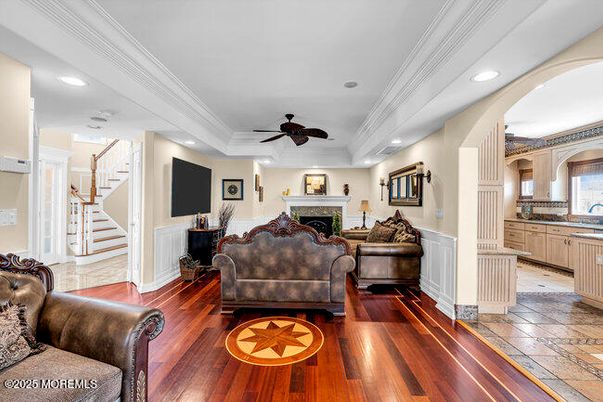 Fireplace, Interior, Living room, Recessed Lighting, Wood Texture Flooring