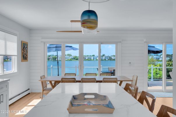 Dining room, Interior, Pendant Lights, Water, Wood Texture Flooring