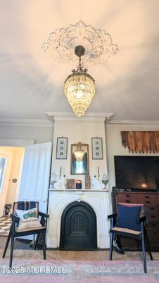 Chandelier, Fireplace, Interior