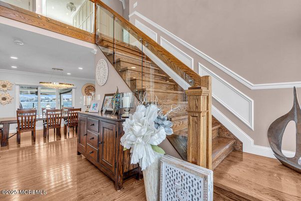 Chandelier, Dining room, Interior, Recessed Lighting, Water, Wood Texture Flooring