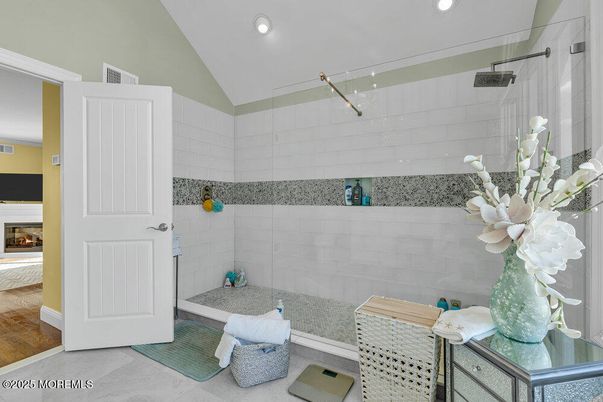 Bathroom, Fireplace, Interior, Recessed Lighting, Wood Texture Flooring