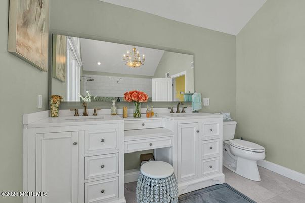 Bathroom, Chandelier, Dual Sink Vanities, Interior, Recessed Lighting