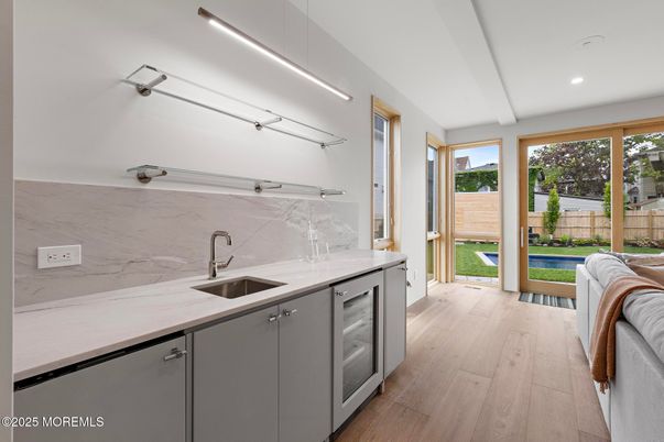 Interior, Kitchen, Marble Walls, Recessed Lighting, Wood Texture Flooring