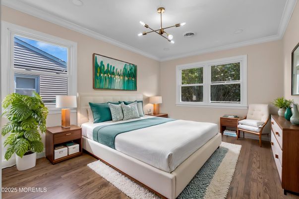 Bedroom, Interior, Pendant Lights, Wood Texture Flooring