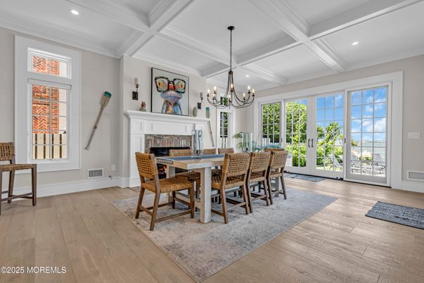 Chandelier, Dining room, Fireplace, Interior, Recessed Lighting, Wood Texture Flooring