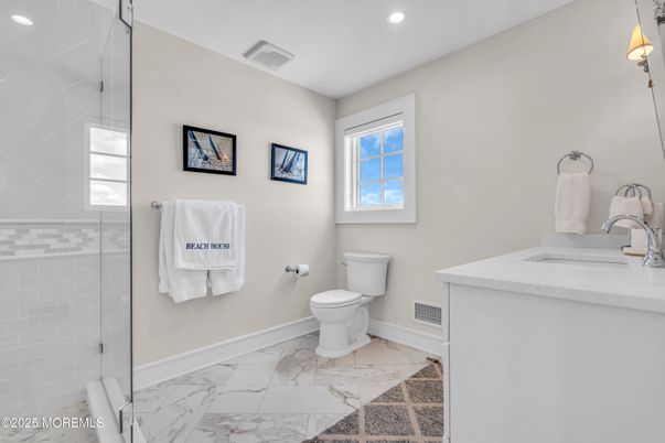 Bathroom, Glass Shower, Interior, Marble, Recessed Lighting