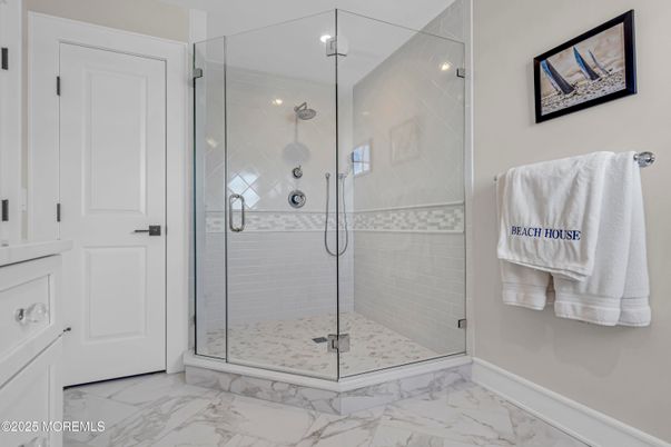 Bathroom, Glass Shower, Interior, Marble, Recessed Lighting
