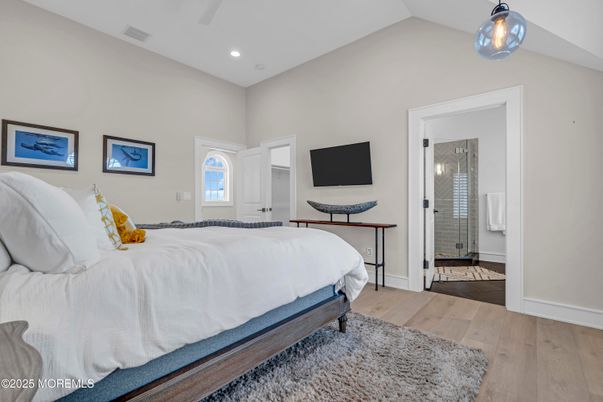 Bedroom, Interior, Pendant Lights, Recessed Lighting, Wood Texture Flooring
