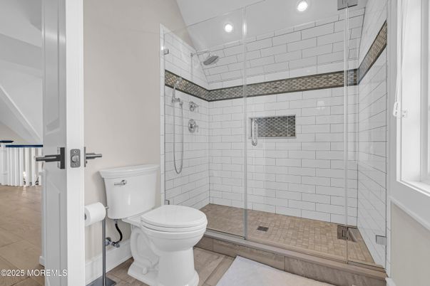 Bathroom, Glass Shower, Interior, Recessed Lighting, Wood Texture Flooring