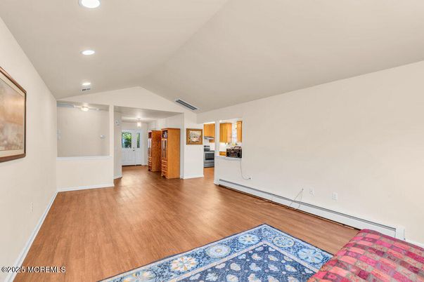 Empty room, Interior, Kitchen, Recessed Lighting, Wood Texture Flooring