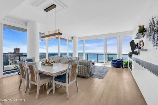 Dining room, Interior, Pendant Lights, Water, Wood Texture Flooring