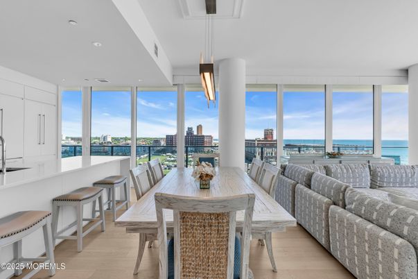 Dining room, Interior, Pendant Lights, Recessed Lighting, Water, Wood Texture Flooring