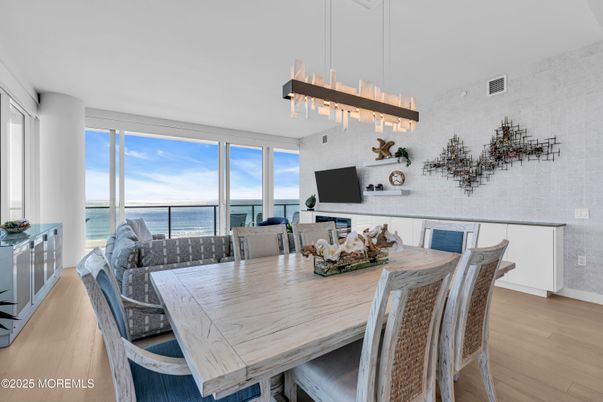 Dining room, Interior, Pendant Lights, Water, Wood Texture Flooring