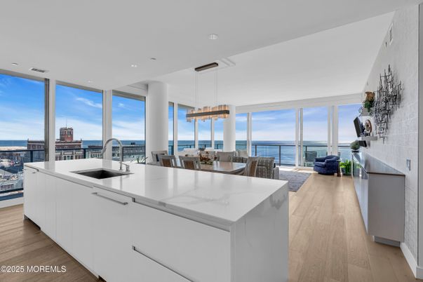 Dining room, Interior, Kitchen, Pendant Lights, Recessed Lighting, Water, Wood Texture Flooring