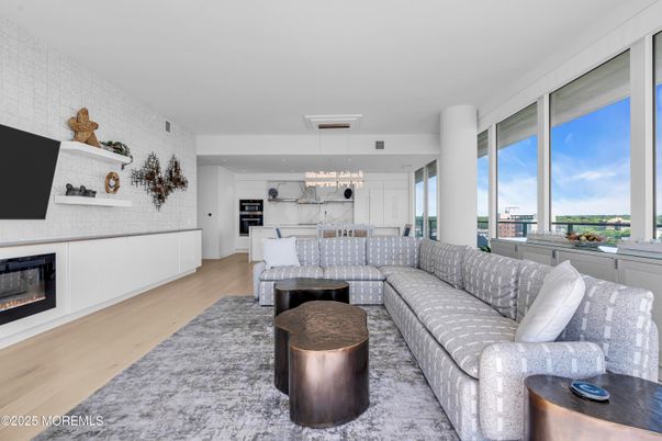 Fireplace, Interior, Kitchen, Living room, Pendant Lights, Wood Texture Flooring