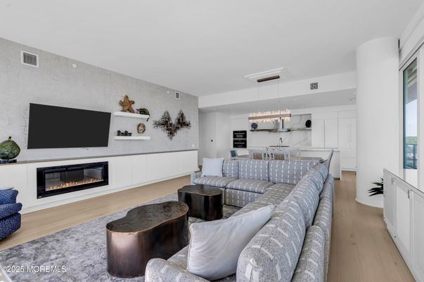 Dining room, Fireplace, Interior, Kitchen, Living room, Pendant Lights, Wood Texture Flooring