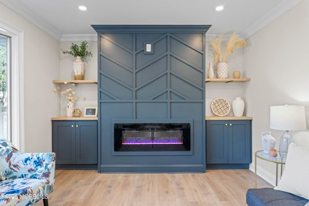 Fireplace, Interior, Recessed Lighting, Wood Texture Flooring