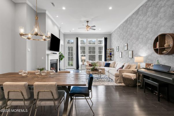 Dining room, Fireplace, Interior, Living room, Pendant Lights, Piano, Recessed Lighting, Wood Texture Flooring