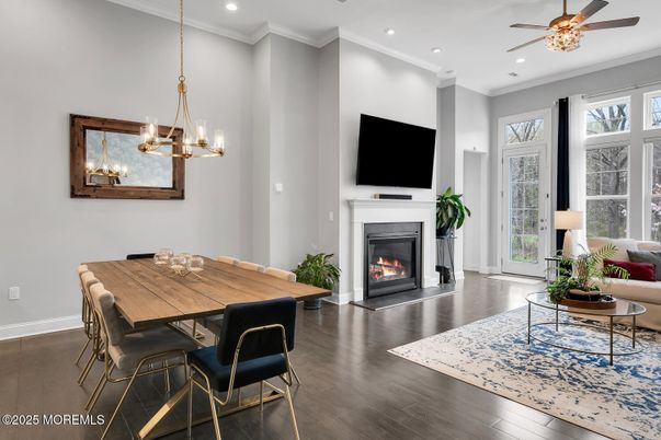 Dining room, Fireplace, Interior, Pendant Lights, Recessed Lighting, Wood Texture Flooring