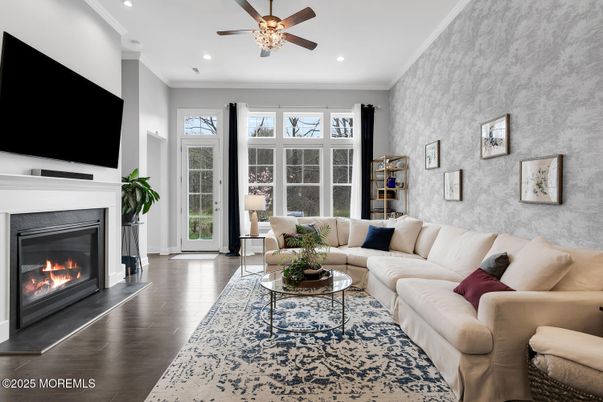 Fireplace, Interior, Living room, Recessed Lighting, Wood Texture Flooring
