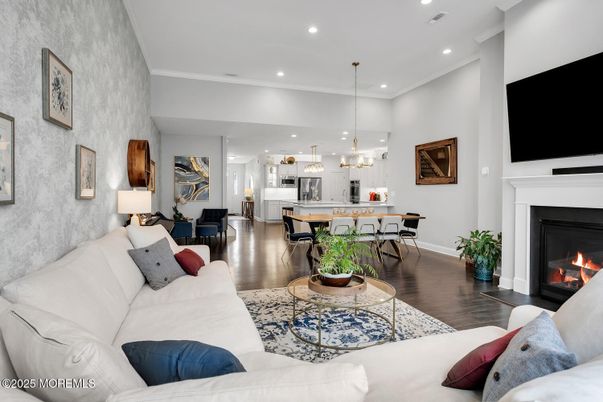 Dining room, Fireplace, Interior, Kitchen, Living room, Pendant Lights, Recessed Lighting, Wood Texture Flooring