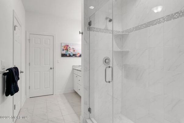 Bathroom, Glass Shower, Interior, Marble, Marble Walls, Recessed Lighting