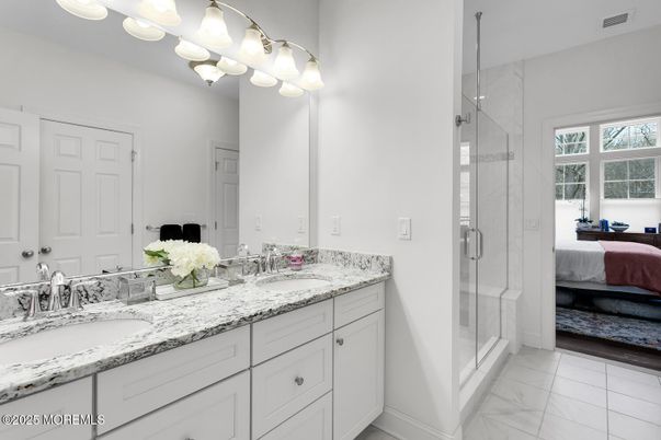 Bathroom, Dual Sink Vanities, Glass Shower, Interior, Marble