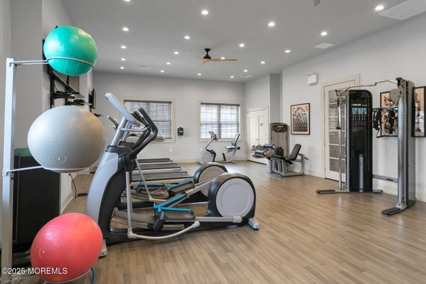 Fitness Equipment, Gym, Interior, Recessed Lighting, Wood Texture Flooring
