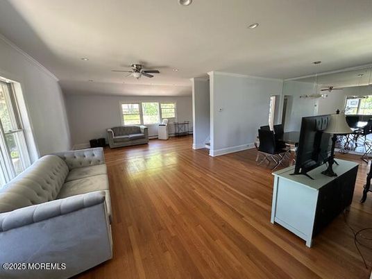 Dining room, Interior, Living room, Recessed Lighting, Wood Texture Flooring