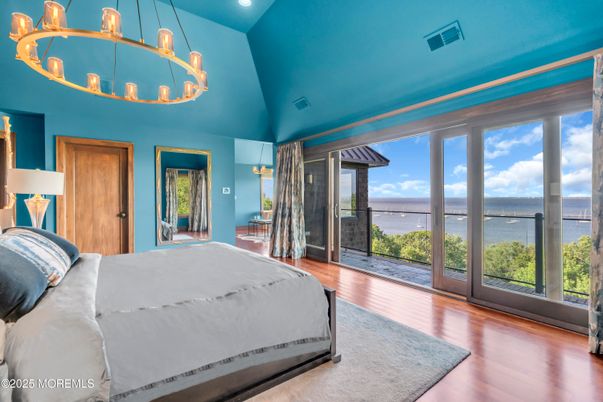 Bedroom, Chandelier, Interior, Recessed Lighting, Water, Wood Texture Flooring