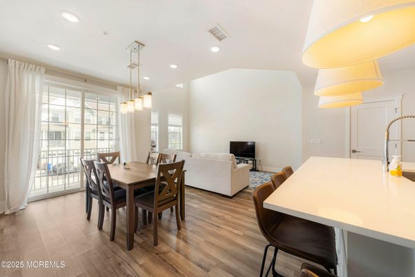 Dining room, Interior, Living room, Pendant Lights, Recessed Lighting, Wood Texture Flooring