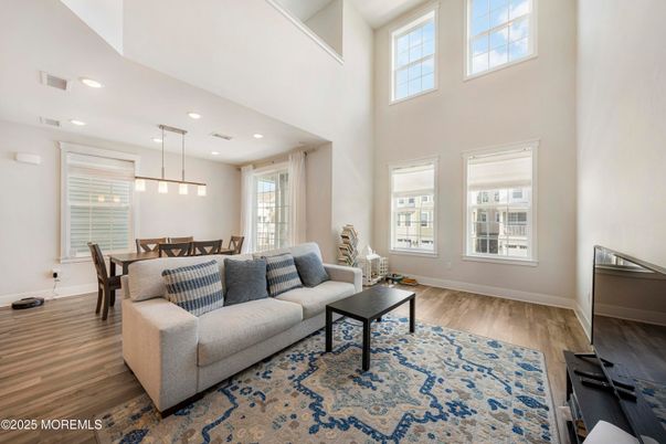 Dining room, Interior, Living room, Pendant Lights, Recessed Lighting, Wood Texture Flooring