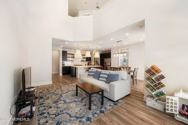 Dining room, Fireplace, Interior, Kitchen, Living room, Pendant Lights, Recessed Lighting, Wood Texture Flooring