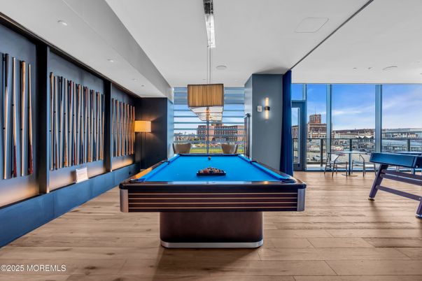 Billiard Table, Game Room, Interior, Pendant Lights, Recessed Lighting, Wood Texture Flooring