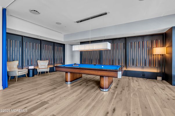 Billiard Table, Game Room, Interior, Pendant Lights, Recessed Lighting, Wood Texture Flooring