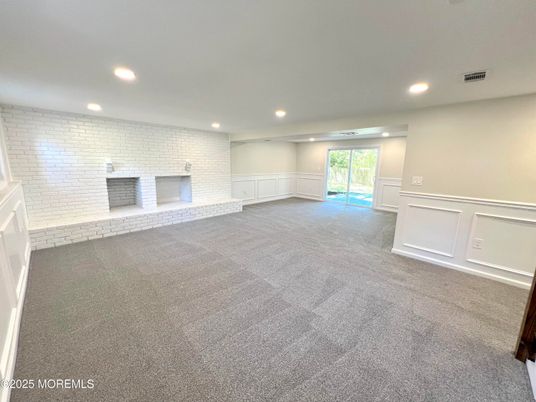 Empty room, Fireplace, Interior, Recessed Lighting, Stone Walls