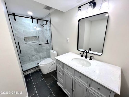 Bathroom, Glass Shower, Interior, Marble Walls, Recessed Lighting