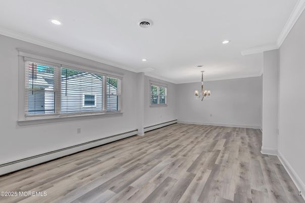 Chandelier, Empty room, Interior, Recessed Lighting, Wood Texture Flooring