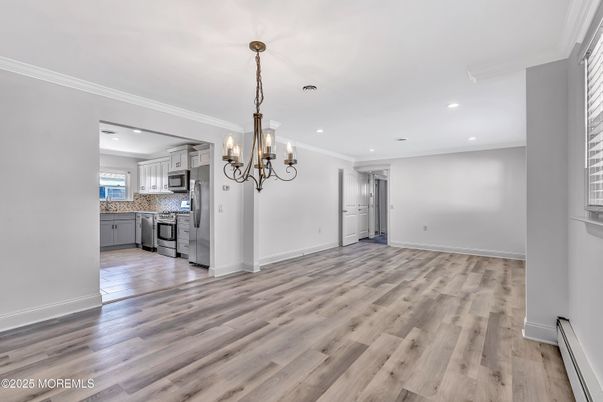 Chandelier, Empty room, Interior, Kitchen, Recessed Lighting, Wood Texture Flooring
