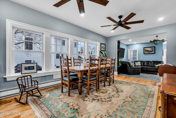 Dining room, Interior, Living room, Recessed Lighting, Wood Texture Flooring