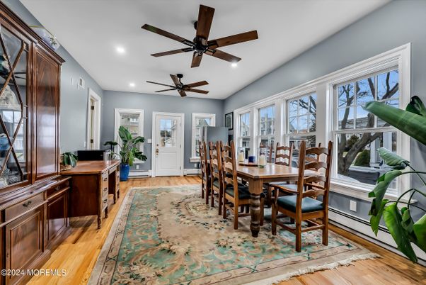 Dining room, Interior, Recessed Lighting, Wood Texture Flooring