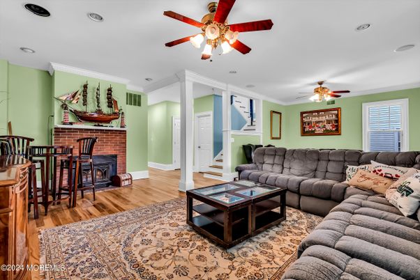 Fireplace, Interior, Living room, Recessed Lighting, Wood Texture Flooring